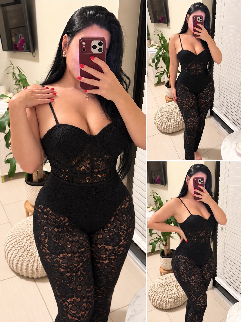 Black Floral Lace Jumpsuit | Sheer Mesh One-Piece M